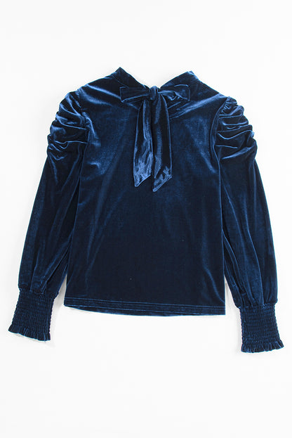 Mock Neck Puff Sleeve Velvet Blouse | Navy Blue