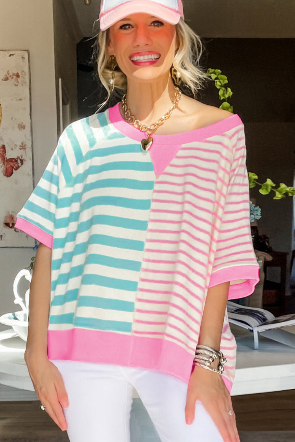 Contrast Patchwork Oversized T Shirt | Pink Stripe