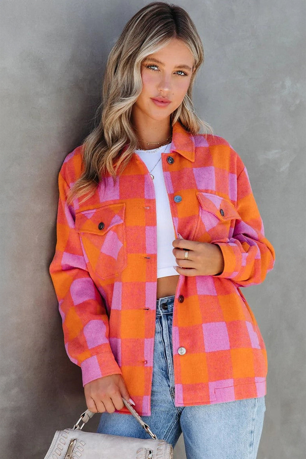 Plaid Chest Pockets Button-Up Turn Down Collar Jacket | Orange