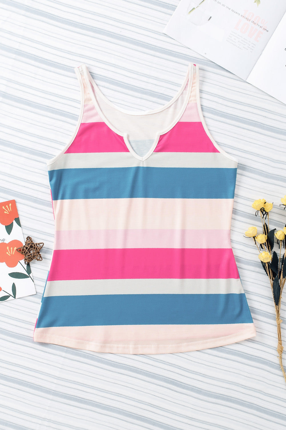 Striped Colour Block Notched Neck Tank Top | Rose