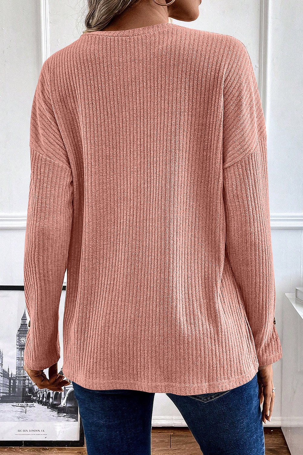 Rib Textured Henley Knit Top | Rose Tan