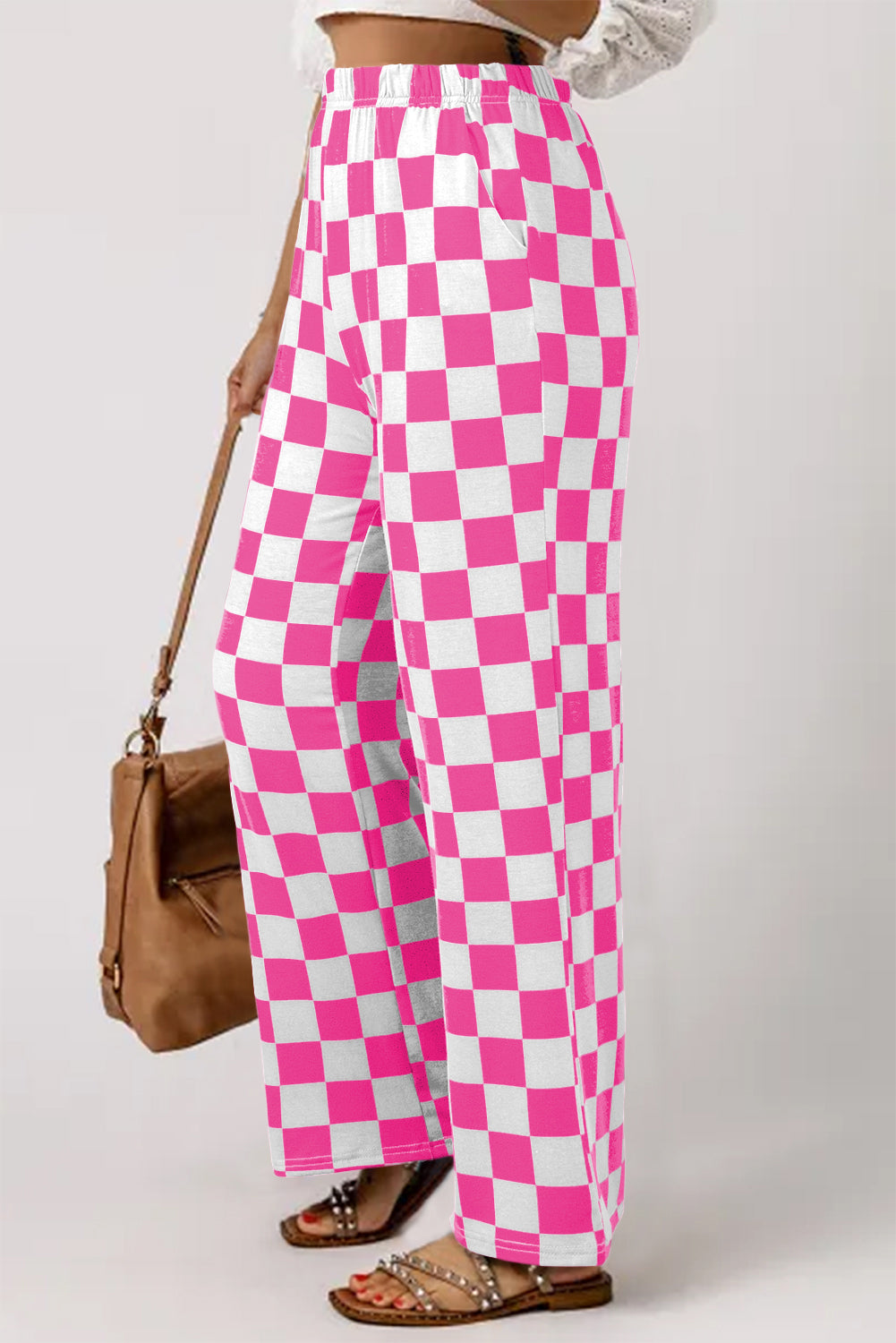 2-Tone Checked Print High Waist Wide Leg Pants | Bonbon