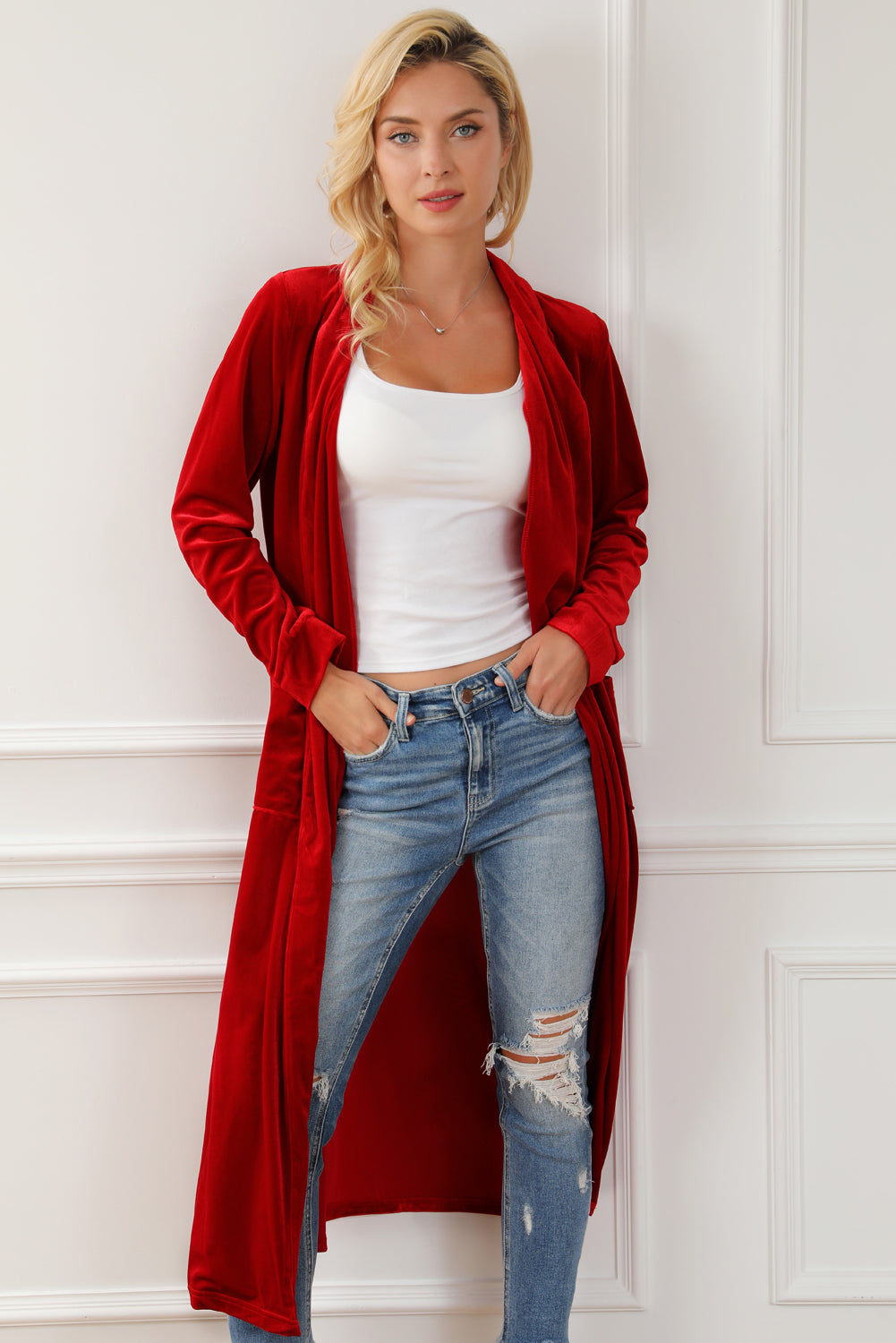 Fiery  Velvet Open Front Pocketed Long Duster | Red