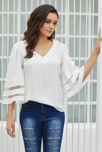 Flare Sleeve V Neck Loose Blouse | White