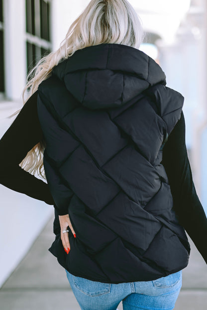 Quilted Zipper Front Hooded Vest Coat | Black