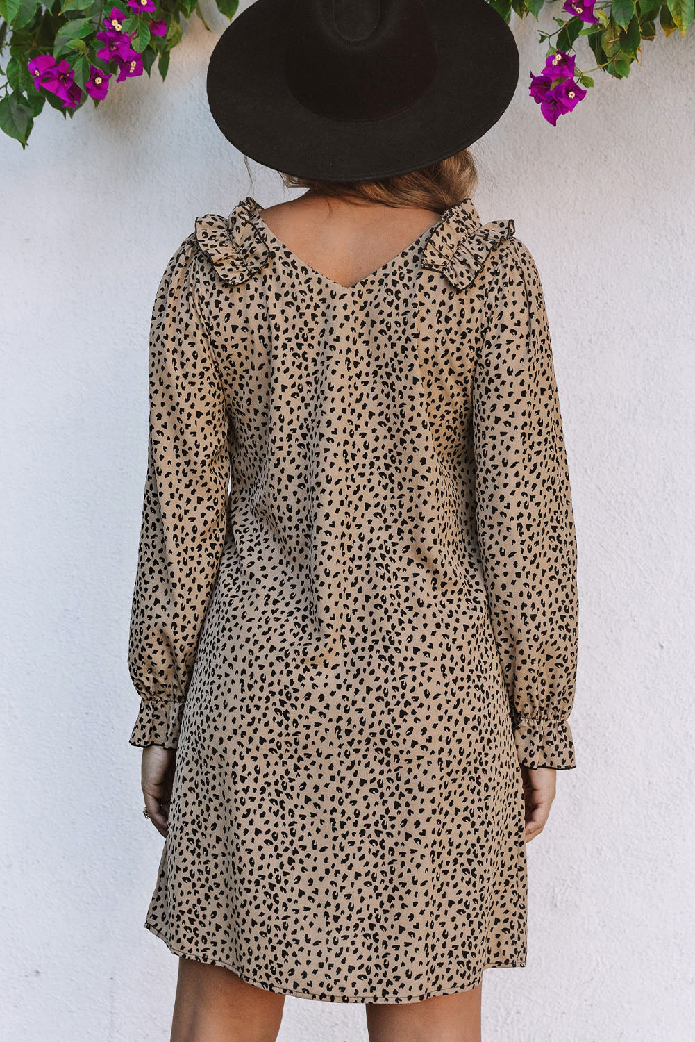 Leopard Frill Trim V Neck Dress | Khaki