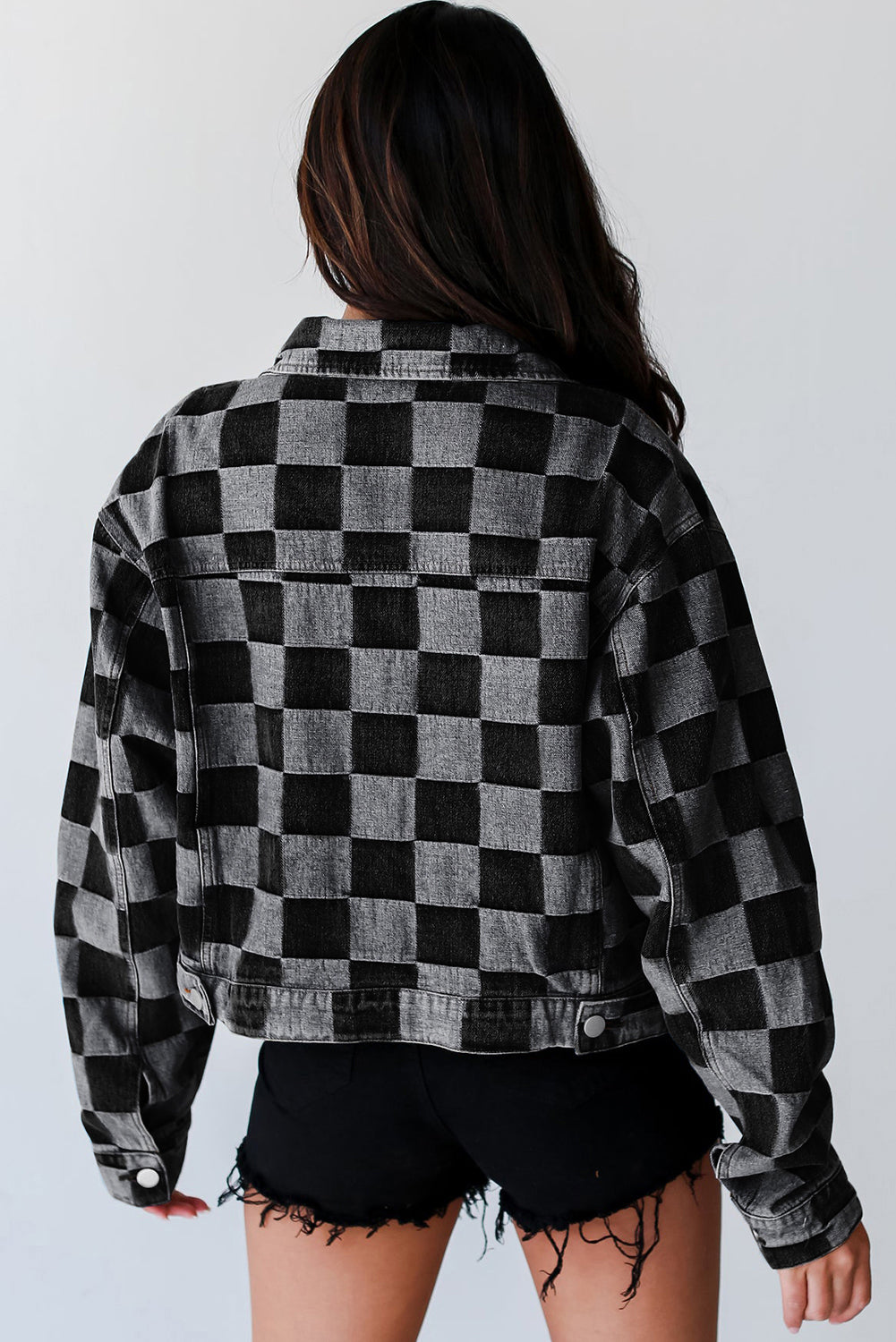 Checkered Patchwork Button Up Denim Jacket | Black