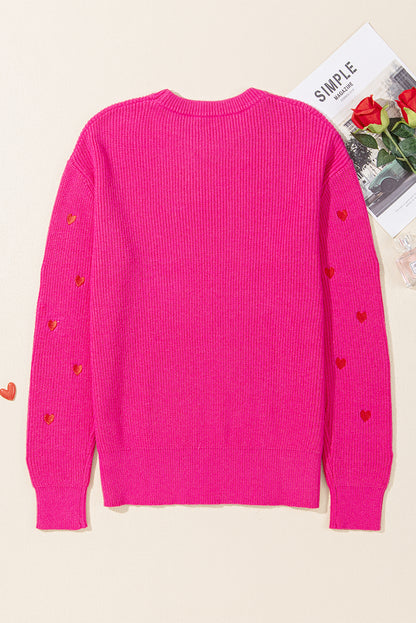 Heart Shape Drop Shoulder Round Neck Sweater | Rose Red