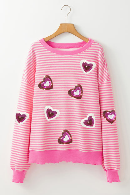 Sequin Heart Patched Pattern Long Sleeve Valentines Top | Pink Stripe