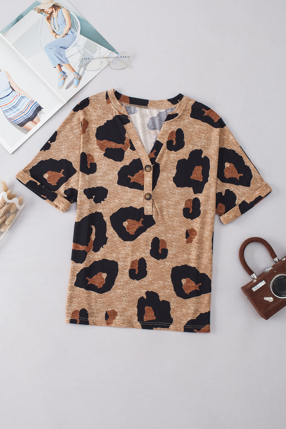 Leopard Folded Short Sleeve Buttoned V Neck T Shirt | Light French Beige