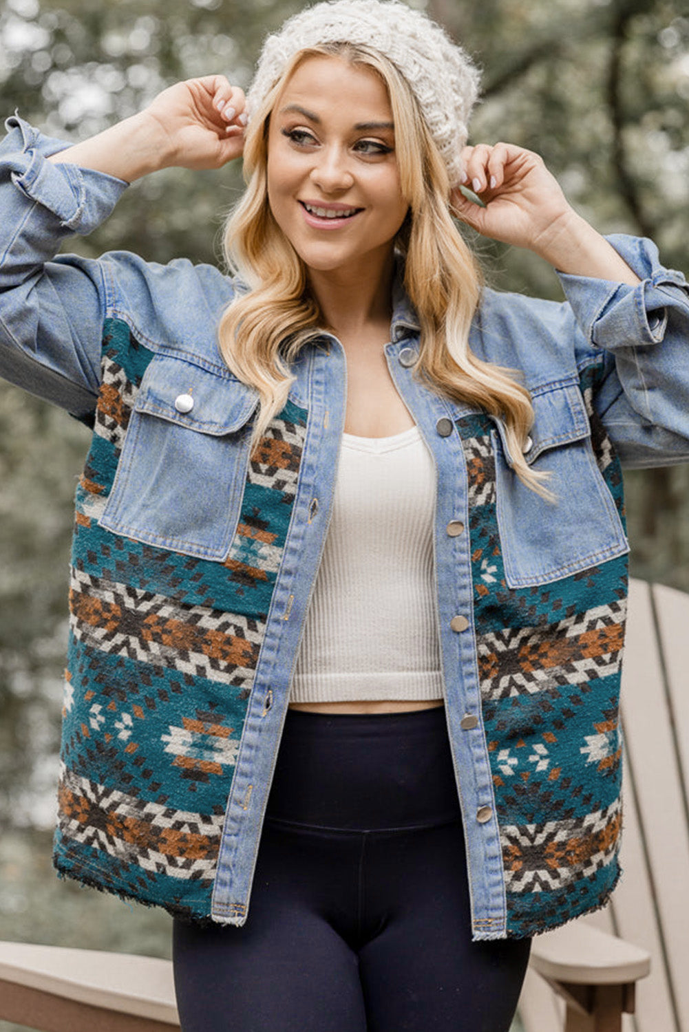 Aztec Printed Denim Jacket | Blue