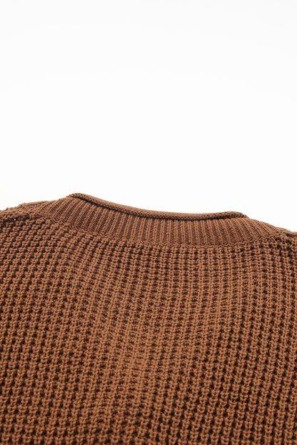 Pointelle Knit Button V Neck Drop Shoulder Sweater | Coffee