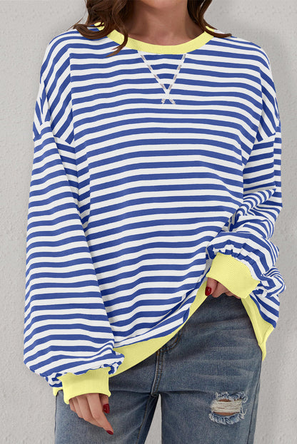 Oversized Contrast Trim Pullover Sweatshirt | Blue Stripe