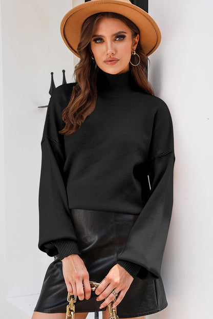 Turtleneck Drop Shoulder Bubble Sleeve Knit Sweater | Black