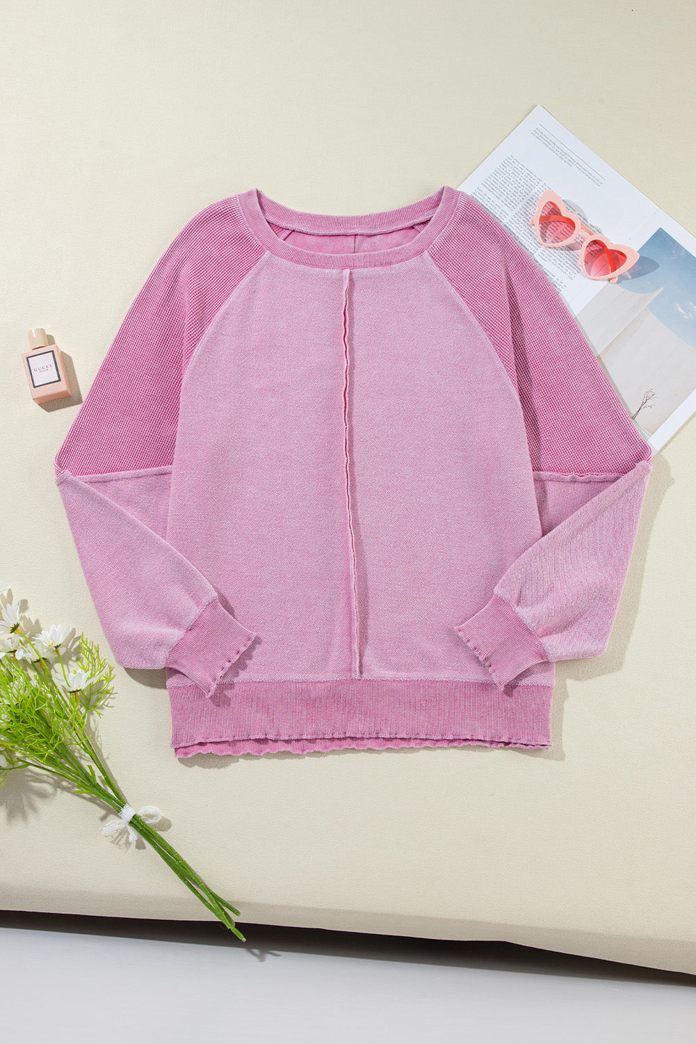 Waffle Knit Patchwork Exposed Seam Raglan Sweatshirt | Pink