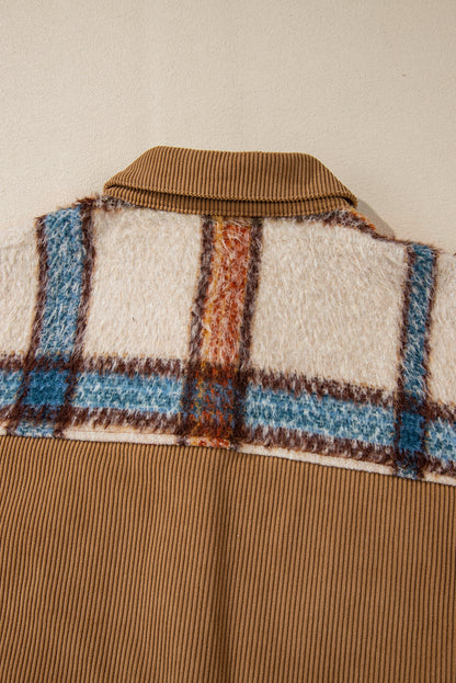 Plaid Corduroy Flap Pockets Boxy Chunky Jacket | Khaki