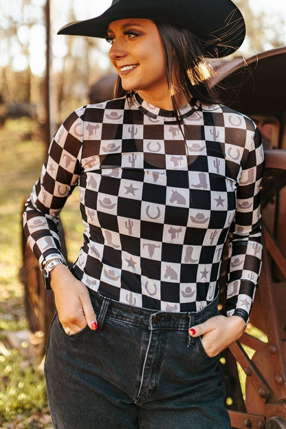 Checkerboard Western Elements Printed Mesh Long Sleeve Top | Black