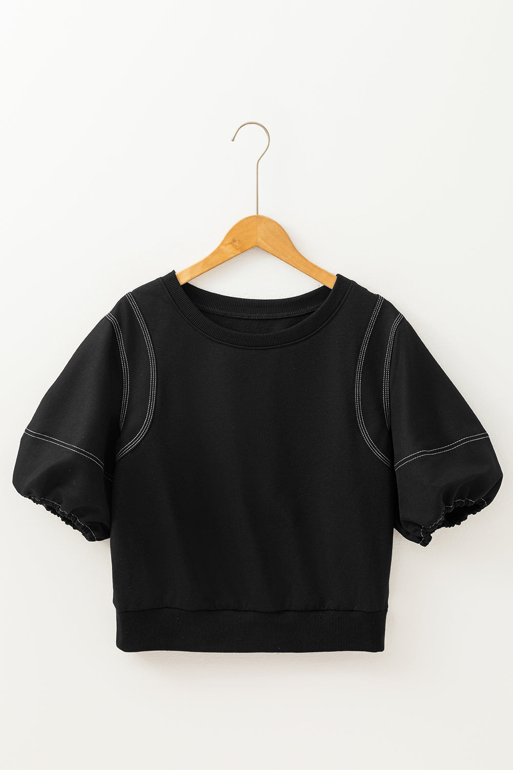 Contrast Stitches Detail Puffy Half Sleeve Blouse | Black