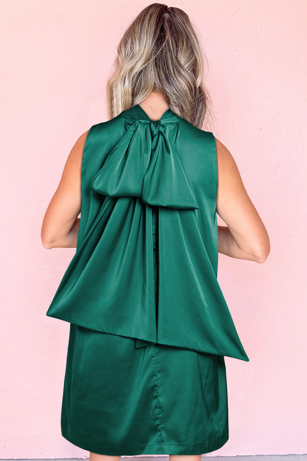 Bow Tie Satin Shift Sleeveless Mini Dress | Evergreen