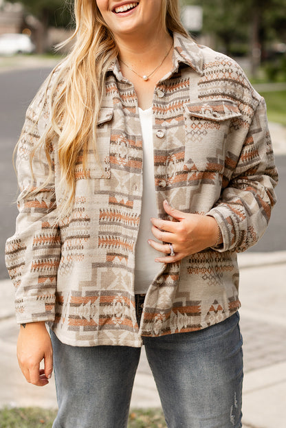 Aztec Geometric Print Pockets Plus Size Jacket | White