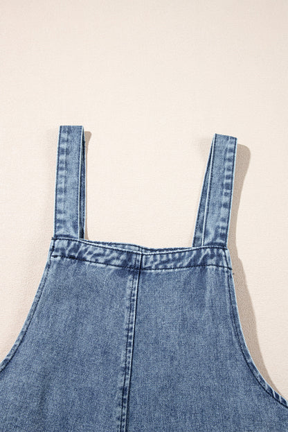 Distressed Bib Pocket Wide Leg Denim Overall | Stone Blue