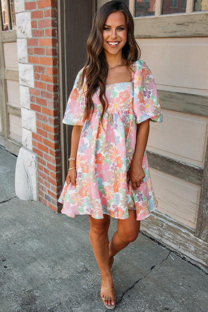 Summer Floral Square Neck Puff Sleeve Babydoll Dress | Pink