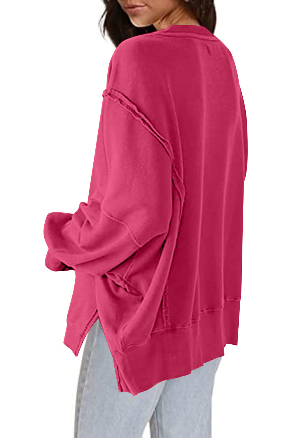 Exposed Seam Drop Shoulder Slit High Low Hem Sweatshirt | Rose