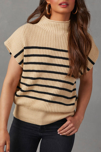 Striped Ribbed Knit High Neck Sweater | Parchment