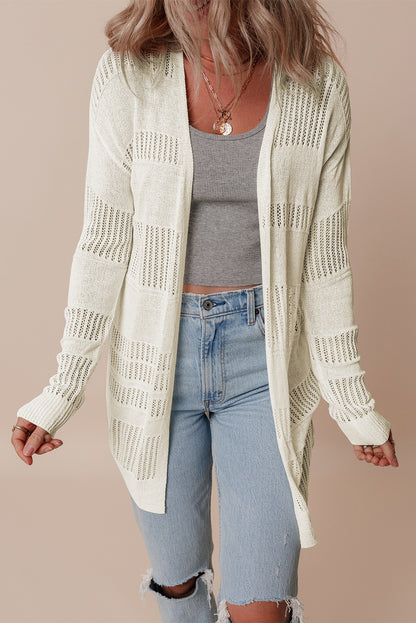 Solid Colour Lightweight Open Knit Tunic Cardigan | White