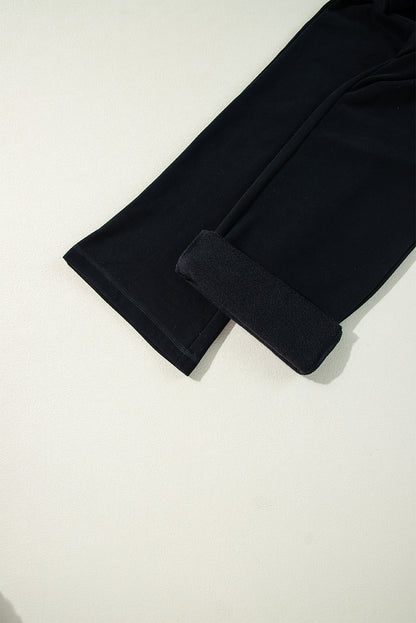 Solid Colour Fleece Lined Drawstring Waist Casual Pants | Black