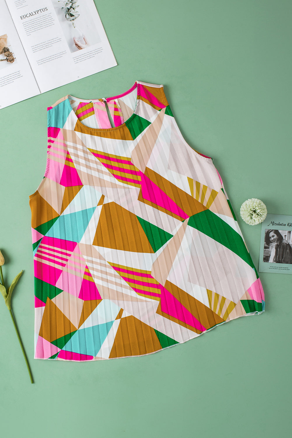 Geometric Printed Pleated Shift Tank Top | Multicolour