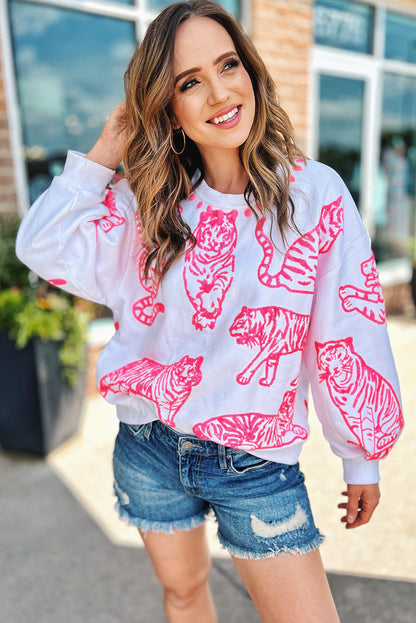 Pink Animal Print Pullover Sweatshirt | Bright White