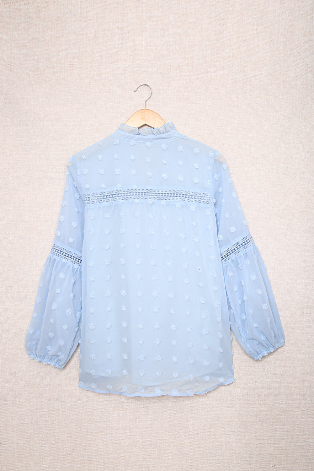 Blue Ruffled Split Neck Lace Hollow Out Puff Sleeve Polka Dot Blouse | Sky Blue