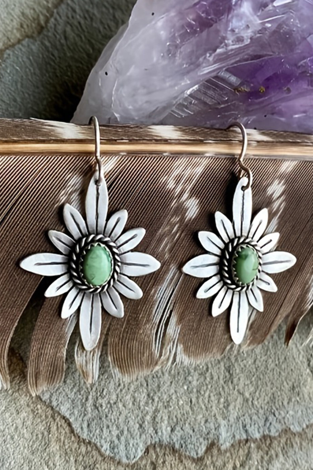 Western Turquoise Flower Shape Hook Earrings | Silvery