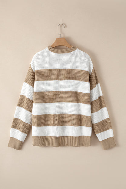 Colourblock Striped Drop Shoulder Side Slit Sweater | Light French Beige