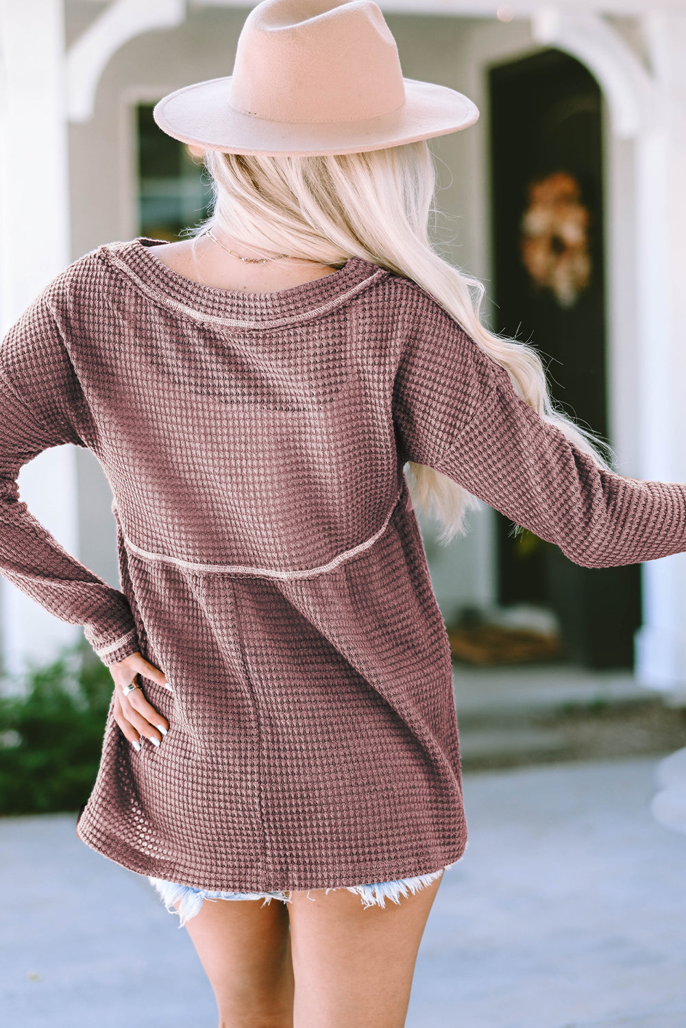 Waffle Knit V Neck Long Sleeve Babydoll Top | Pink