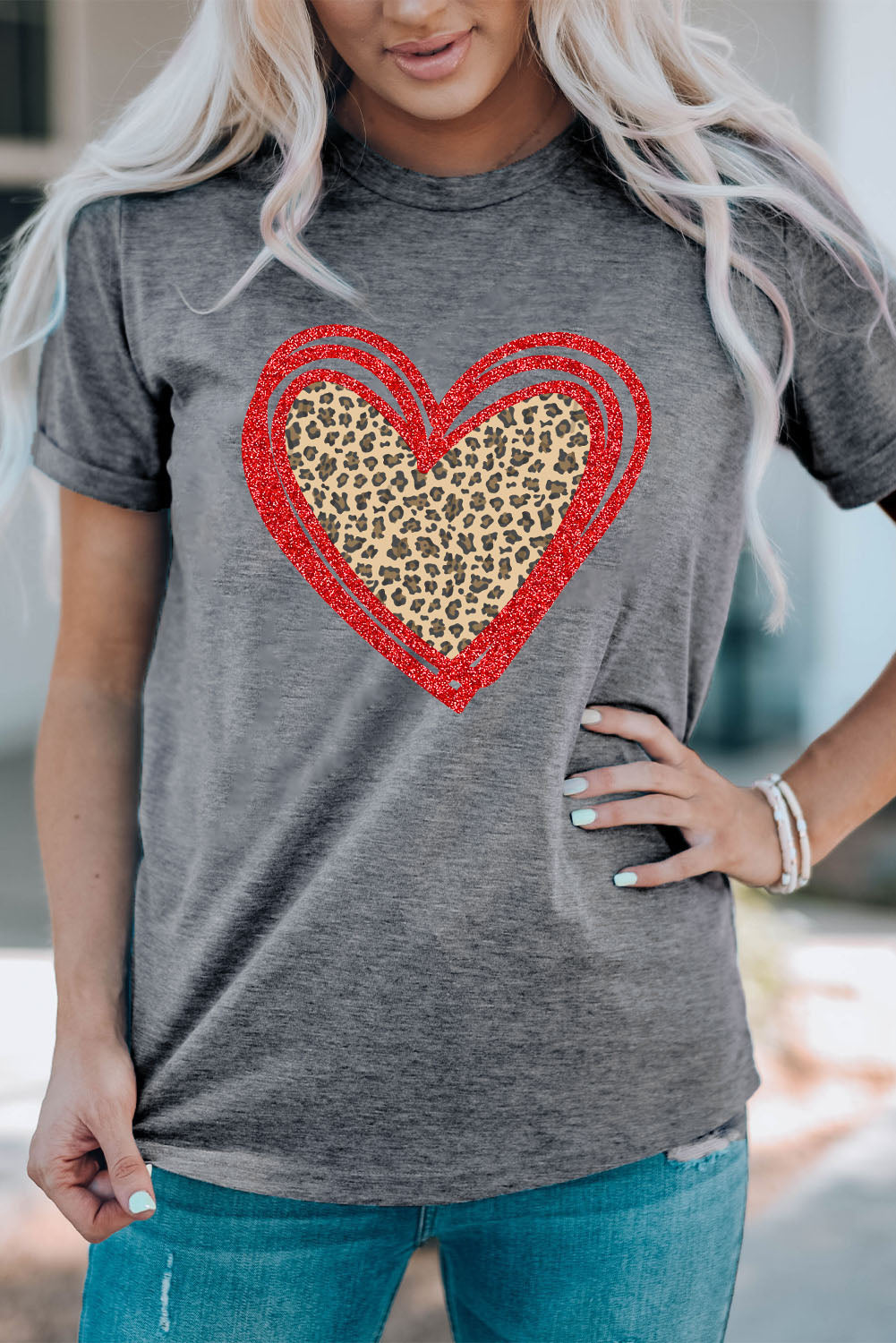 Sequin Leopard Heart Graphic T-Shirt | Gray