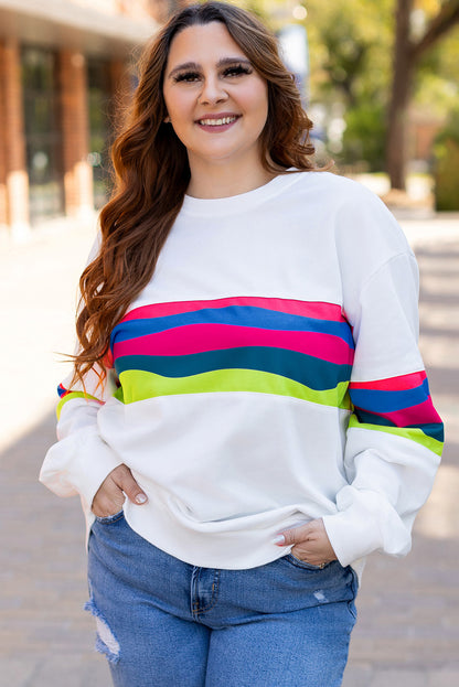 White Plus Size Colorful Striped Drop Shoulder Loose Sweatshirt