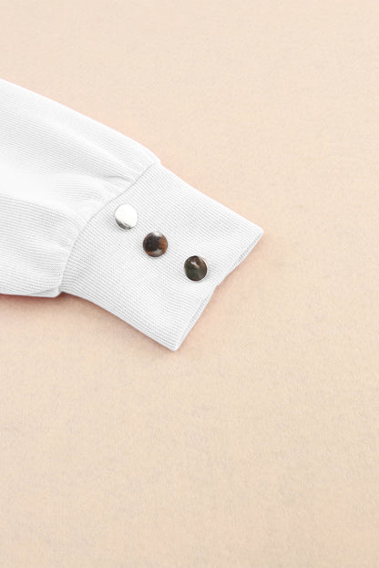 Knitted V Neck Buttoned Cuffs Blouse | White