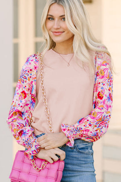 Floral Printed Patchwork Smocked Lantern Sleeve Knit Top | Oatmeal