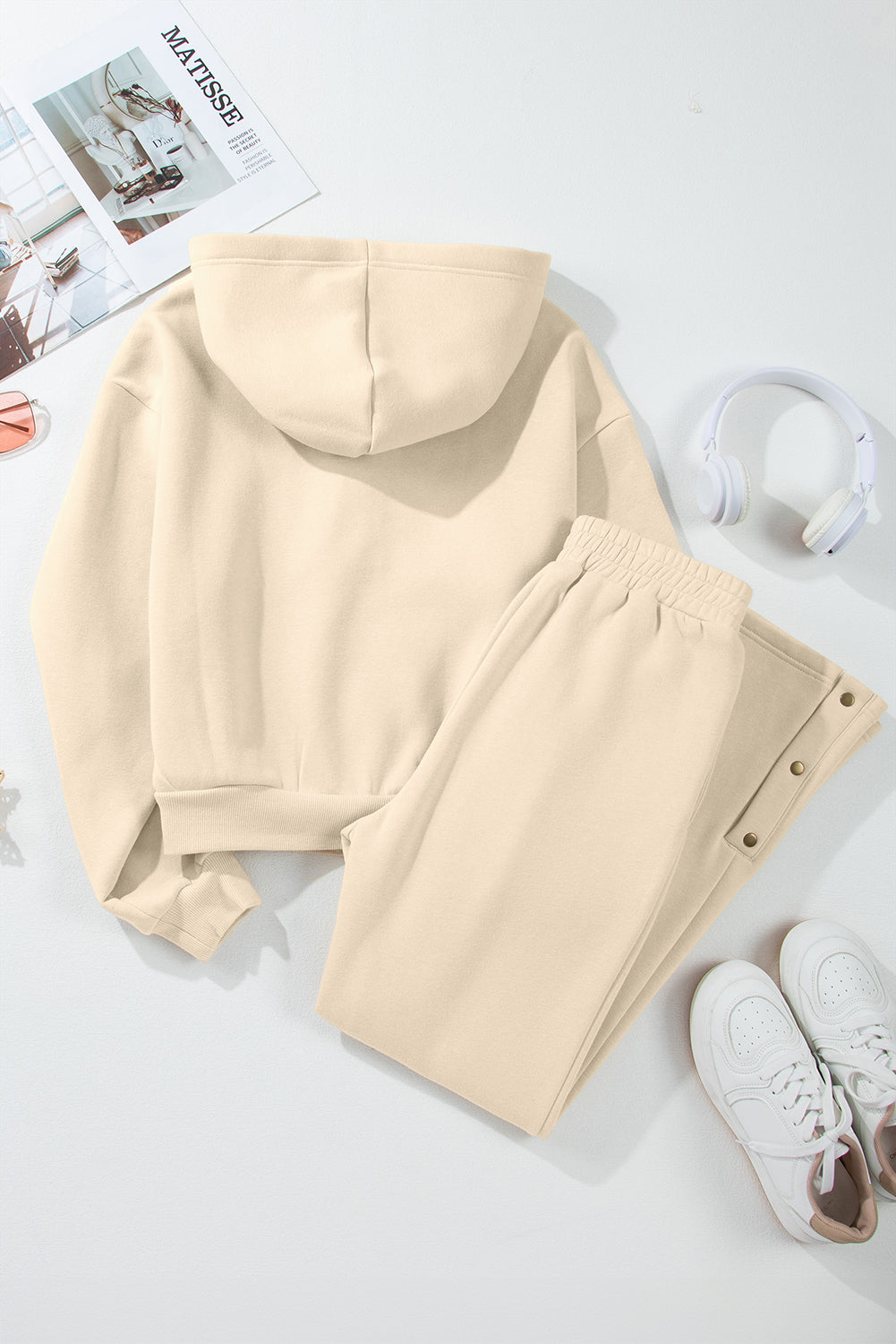 Solid Colour Hoodie And High Waist Pants Two Piece Activewear | Parchment