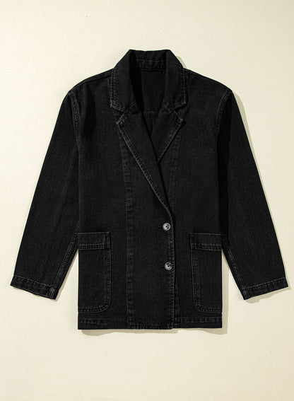 Side Pockets Lapel Collar Denim Jacket | Black