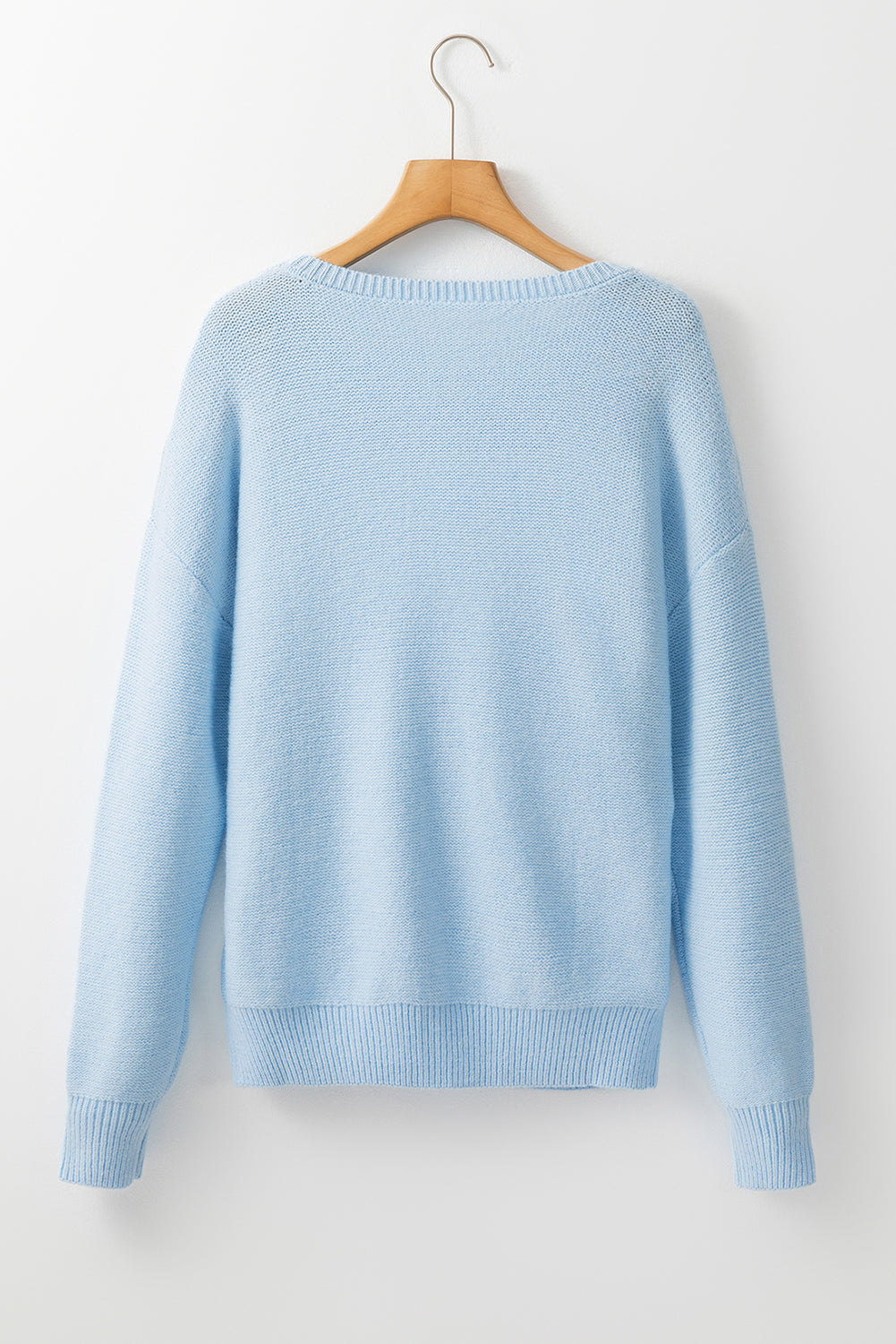 Knitted Flower Pattern Ribbed Edge Sweater | Light Blue