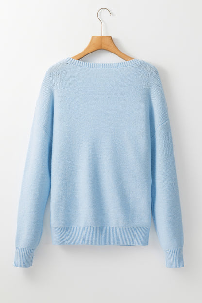 Knitted Flower Pattern Ribbed Edge Sweater | Light Blue