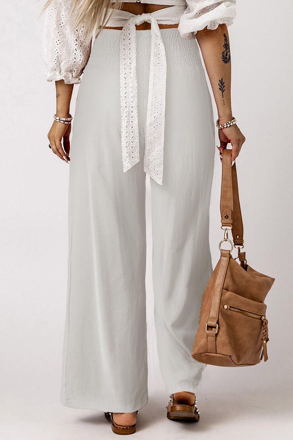 Smocked Wide Waistband High Waist Wide Leg Pants | White