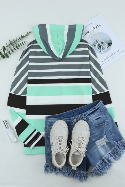 Striped Drawstring Long Sleeve Hoodie | Green