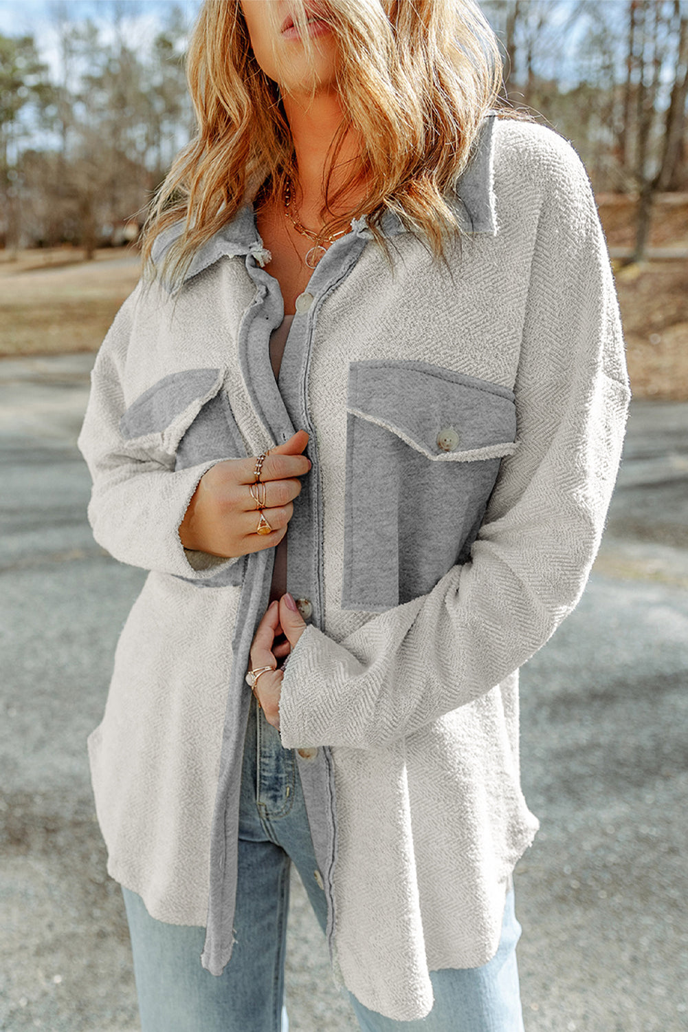 Contrast Flap Pockets Relaxed Shacket | Gray