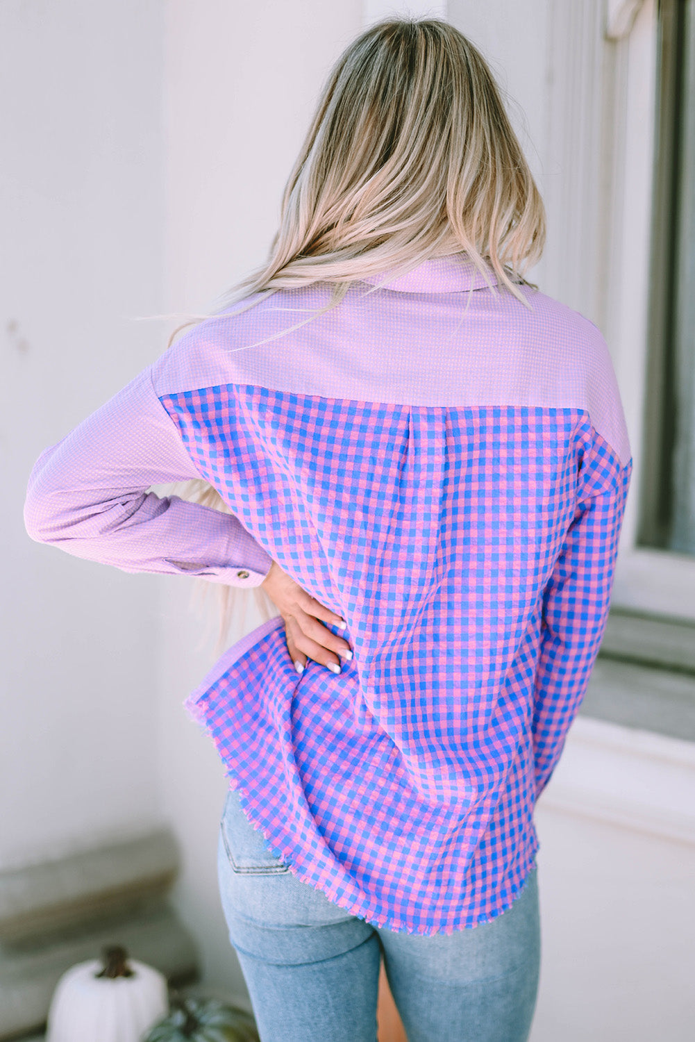 Mixed Plaid Button Down Long Sleeve Chest Pocket Shirt | Purple