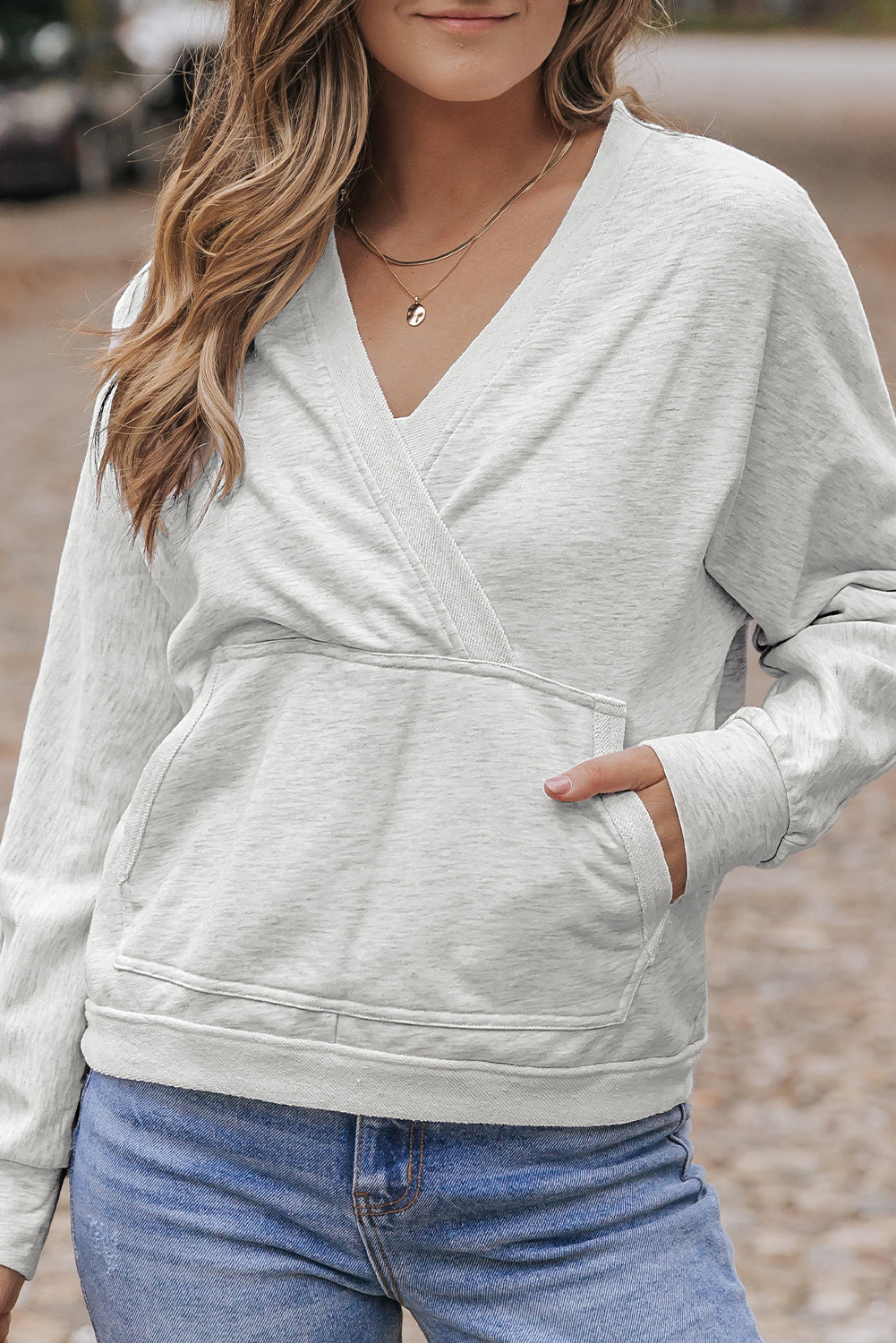 Contrast Trim V Neck Wrap Sweatshirt With Pocket | Gray