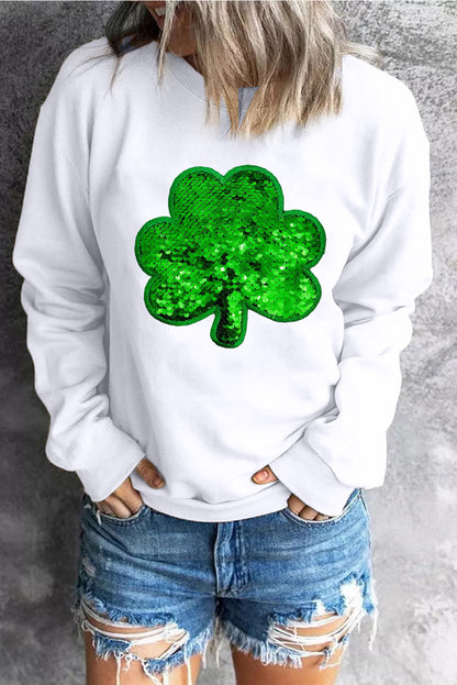 Sequin Clover Embroidered Drop Shoulder Sweatshirt | White